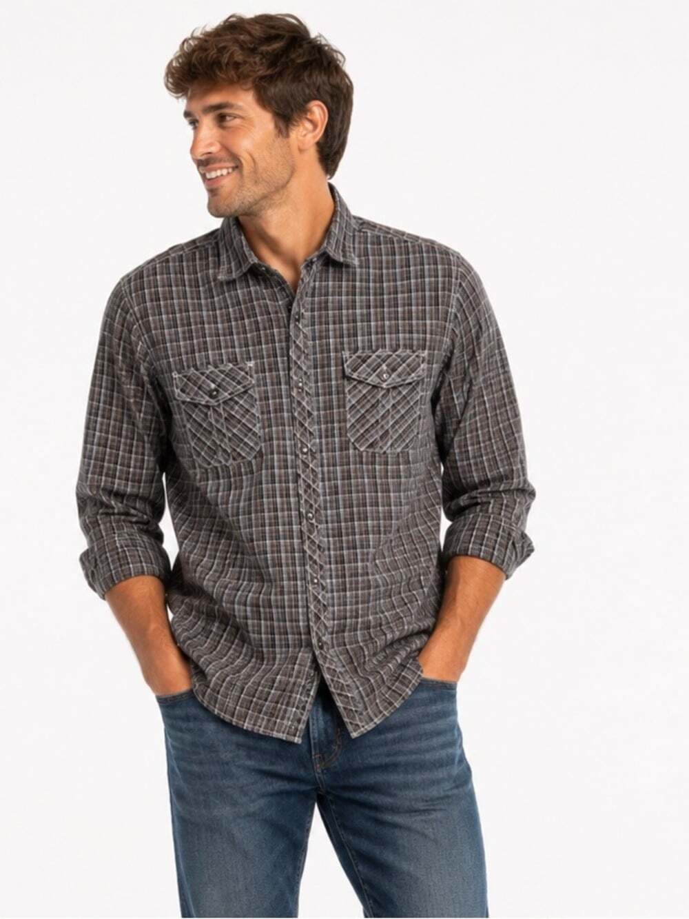 Michael Brandon Black Grey Plaid Long Sleeved Casual Western Casual Dress Shirt